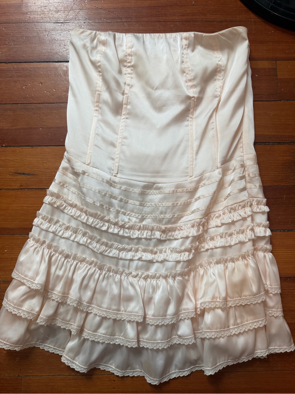 Sky to Moon - Strapless Ruffled Satin Mini Dress - Light Pink